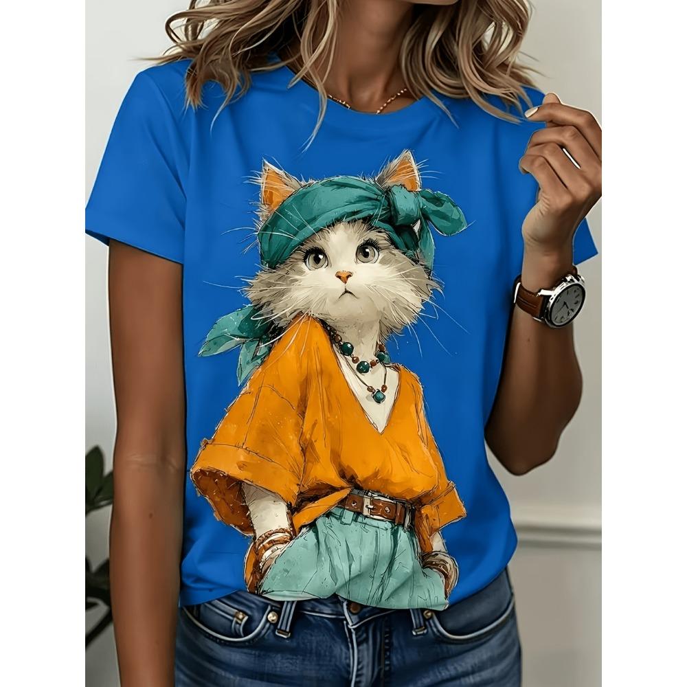 New Women's T-Shirt Cat Print Fashion Short Sleeve Printed T-Shirts Summer