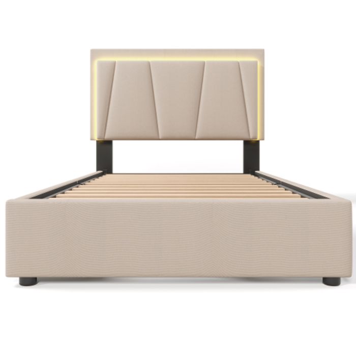 Lit simple 90x200 cm - MUVOE - Beige - Tête de lit réglable - Éclairage LED - 2 tiroirs de rangement