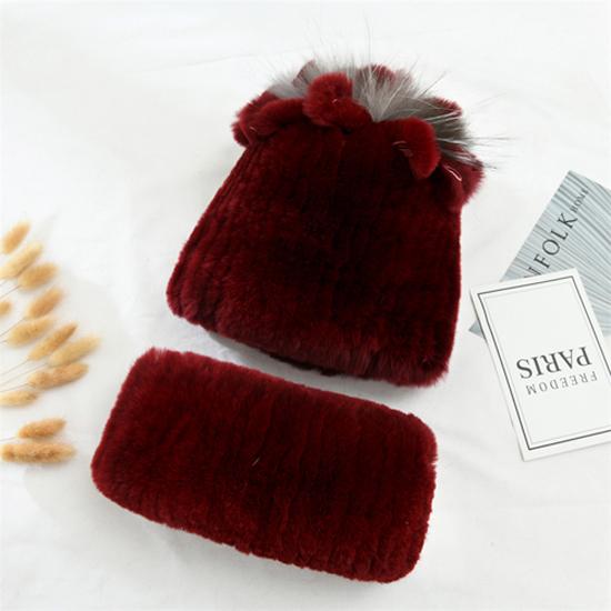 Knitted Women Warm Rex Rabbit Fur Hat Scarf Sets Winter Natural Rex Rabbit Fur Cap Scarves Russia Lady Fur Hats Muffler 2 Pieces