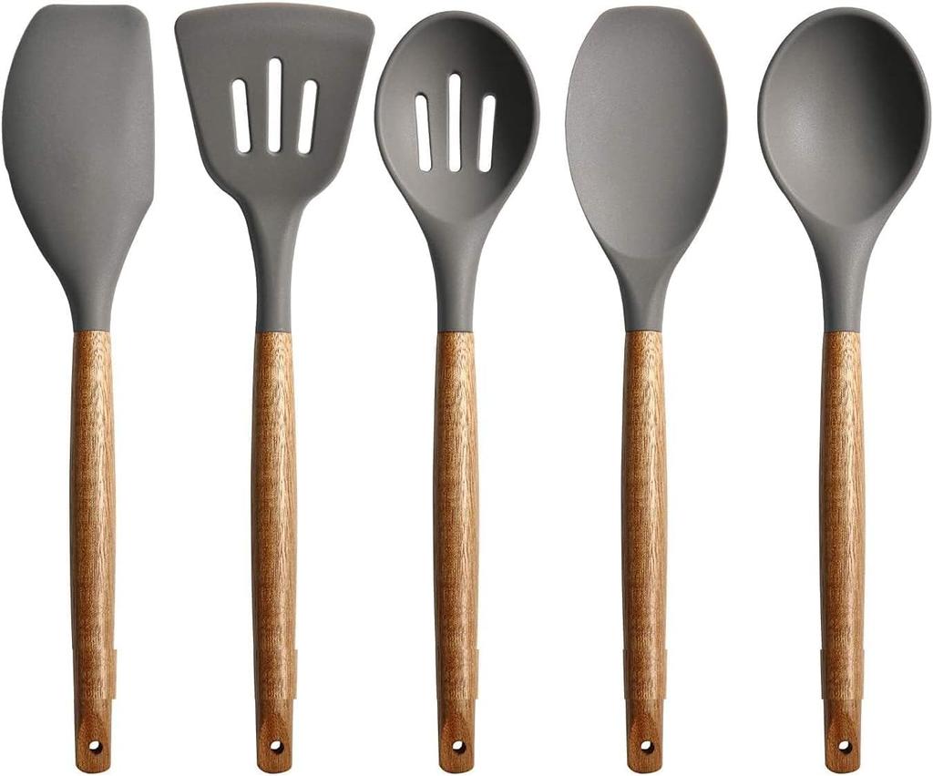 Non Stick Silicone Spatula Spoon Laddle Utensil Set for Kitchen Cookware Tool Set, 5 Pcs (Grey)