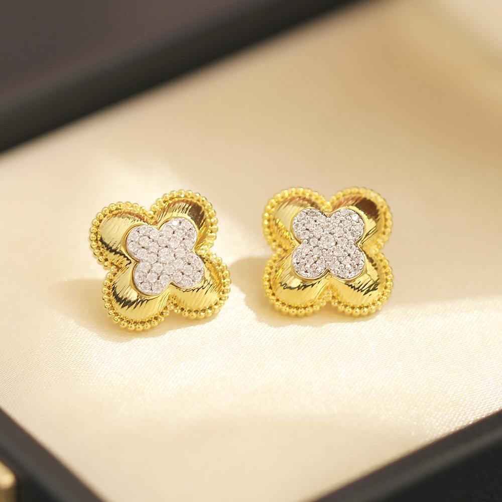 European and American niche two-color gold electroplated earrings exquisite micro-inlaid zircon leaf earrings 925 silver needle earrings women's acces