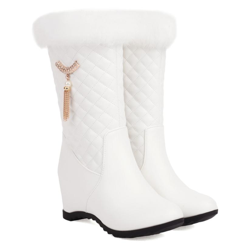 Зимние сноубутсы на танкетке для женщин Новинка 2024 Черные Розовые Белые Теплые Меховые Короткие Ботинки Женские Каблуки-Танкетки Застежка-Молния Вечерняя Обувь