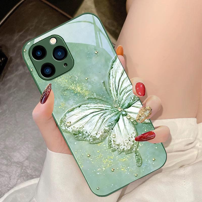 Радужная Бабочка Зеленая Для IPhone 16 Pro Max 15 Pro 14 13 12 Mini 11 XS Max XR 7 8 Plus SE 2022 Закаленное Стекло Чехол для Телефона