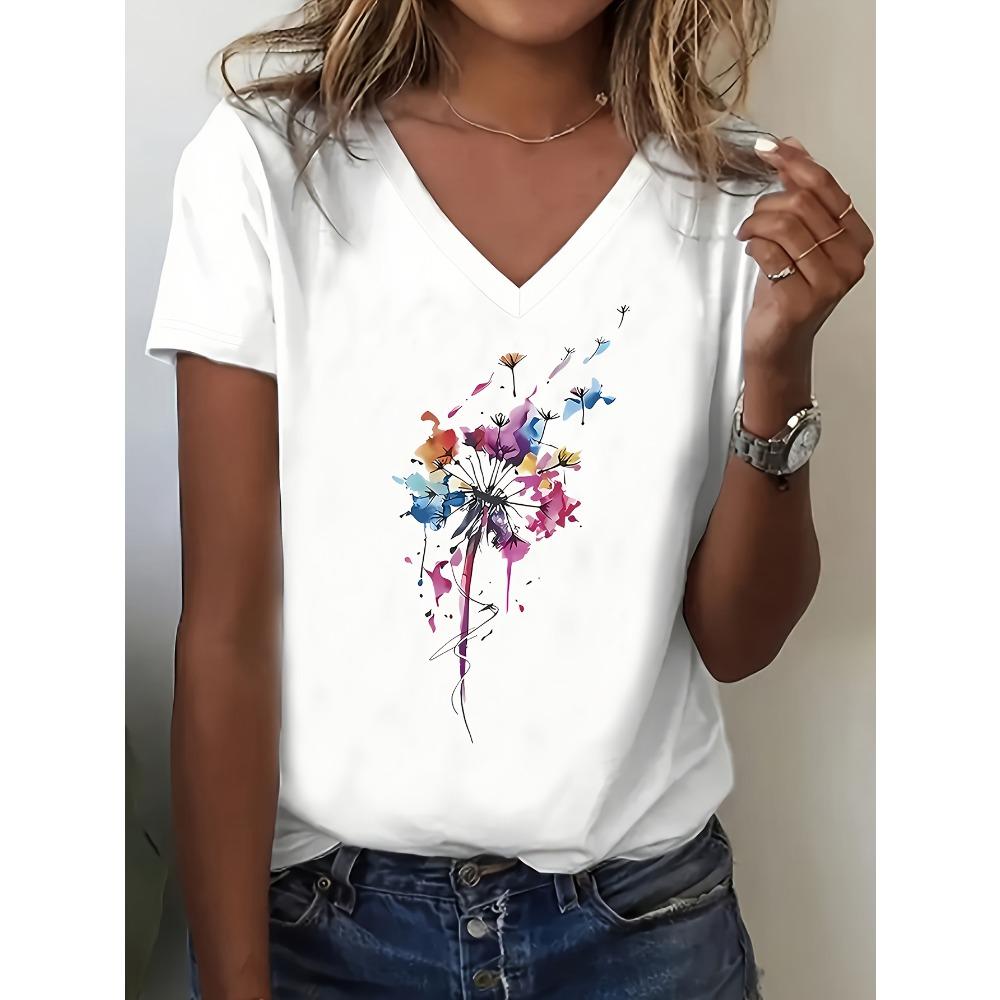 Dandelion Patterned V-Neck T-Shirt, Short Sleeves, Casual Top for