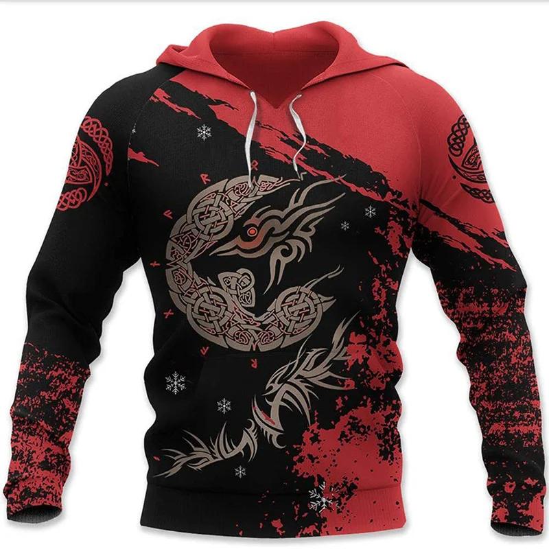 Vintage Sweatshirt Men 3D Print Viking Mythology Hooded Long Sleeve Oversized Hip Hop Men Hoodies Kids Sweatshirt Men Coat