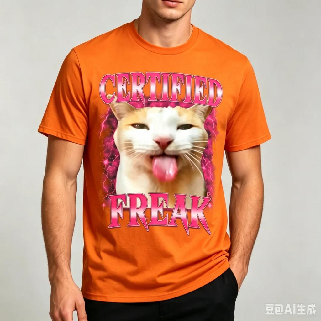 Fashion Unisexs Certified Freak Letter Print Tshirt Funny Derp Cat Graphic T Shirt Meme Animal Casual Short Sleeve Unisex Streetwear