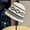 Retro Knitted Hat Warm Diamond Grid Pattern Bucket Hat Appearing Small in Size Big Head Circumference Ear Protection Hat