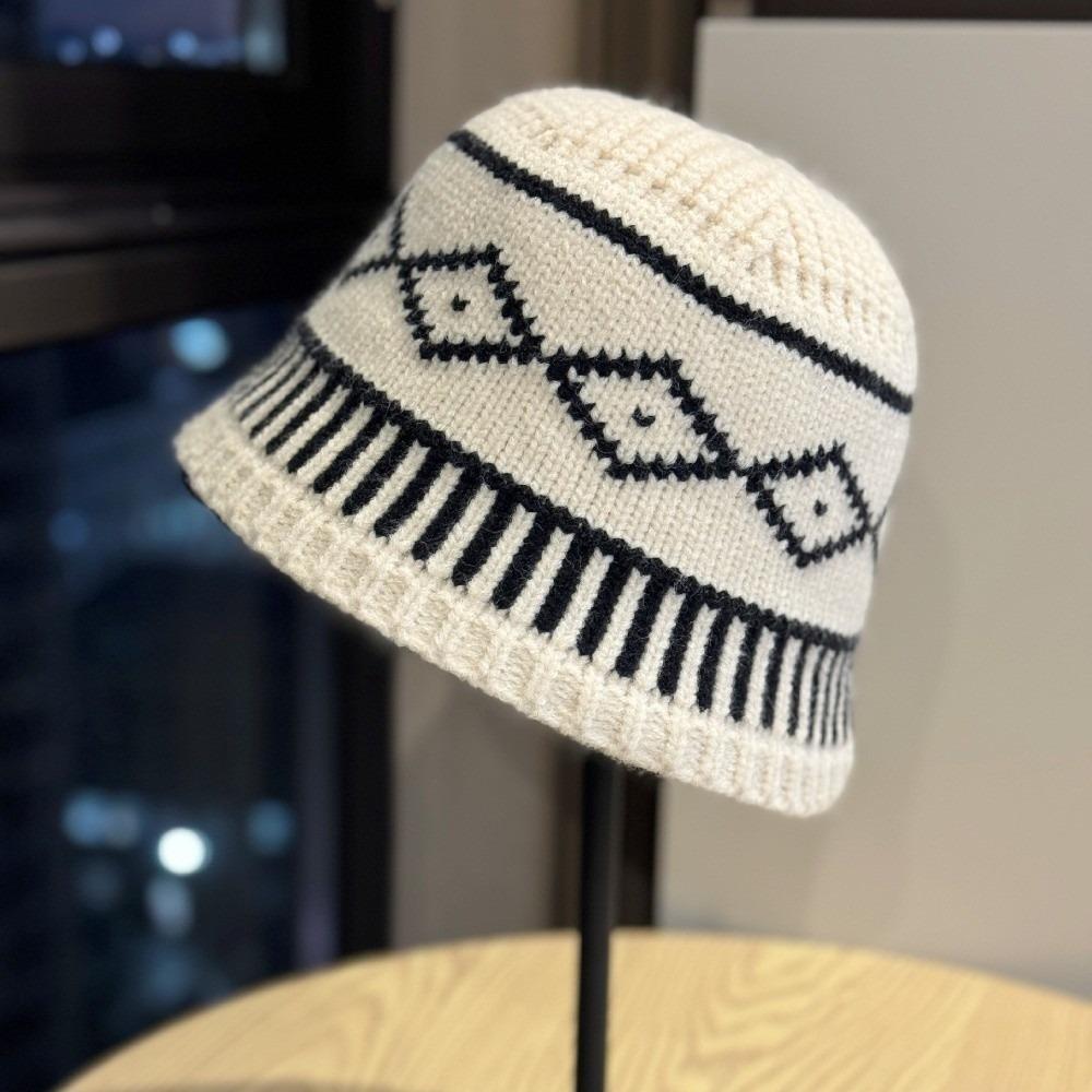 Retro Knitted Hat Warm Diamond Grid Pattern Bucket Hat Appearing Small in Size Big Head Circumference Ear Protection Hat
