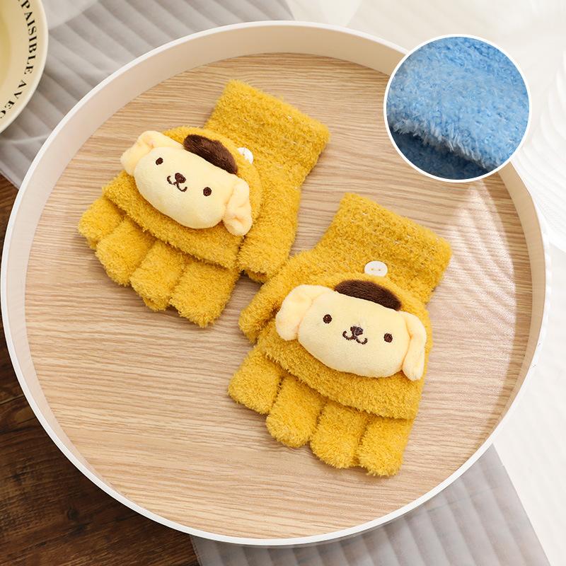 Children's plush gloves winter male and female middle school students writing cold-proof flip gloves cute warm five-finger tide