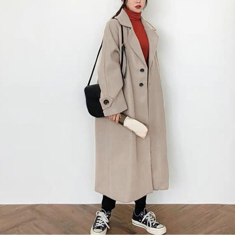 Осеннее женское элегантное шерстяное пальто, корейская мода, черная универсальная длинная куртка, женская зимняя утепленная теплая свободная одежда, новое пальто