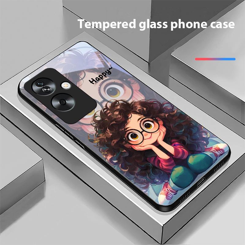Девушка с кудрявыми волосами Для Oppo A79 5G 58 78 74 60 4G Reno 11F Realme GT 6 11 Note 50 10 C55 X2 Закаленное стекло Черный чехол для телефона