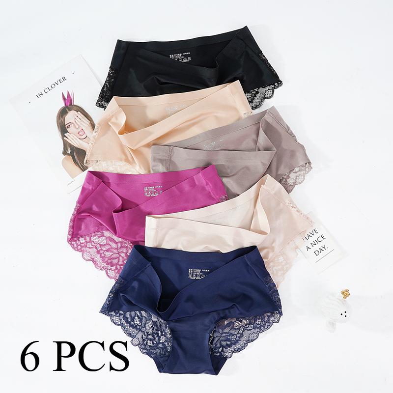 6PCS Sexy Lace Panties Seamless Women Underwear Briefs Nylon Silk for Ladies Cotton Transparent Lingerie