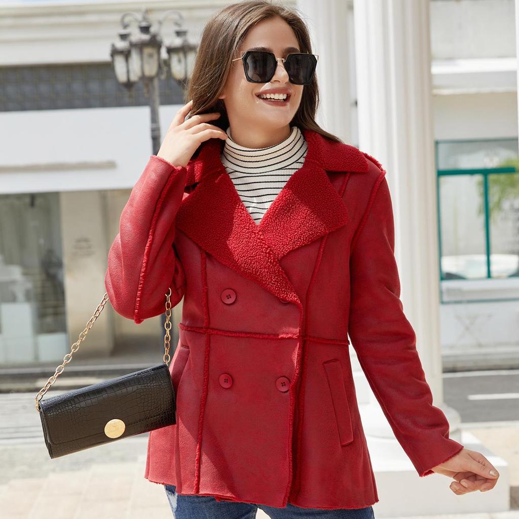 Женские замшевые пальто средней длины Блейзеры из искусственной кожи с плюшевой флисовой подкладкой и лацканами Двубортные куртки из искусственной кожи Для работы в офисе Осень-зима Верхняя одежда