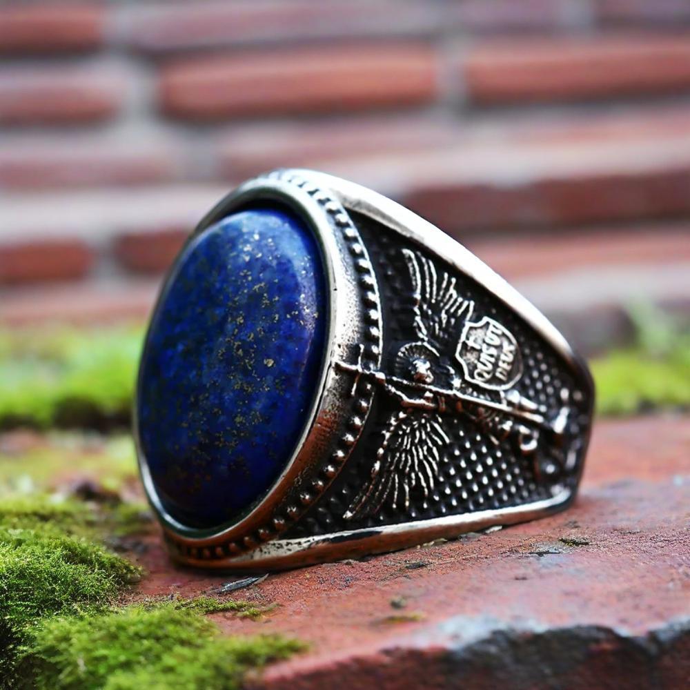 Vintage Bluestone Cross Angel Totem Men's Hip Hop Fashion Ring