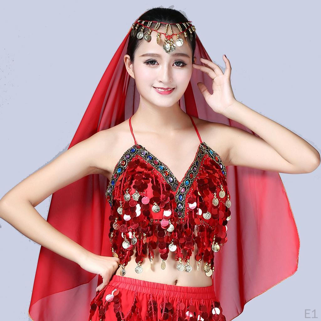 Womens Sparkling Belly Dance Bra Sequins Tassel Coins Top Dancing Costume - Red, As Described