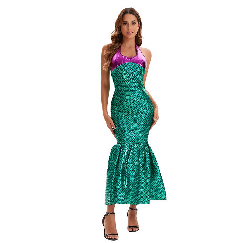 Halloween Adult Mermaid Princess Costume Long Dress with Sequins Sexy Plunging Neckline Flared Hips Evening Gown S-XXL