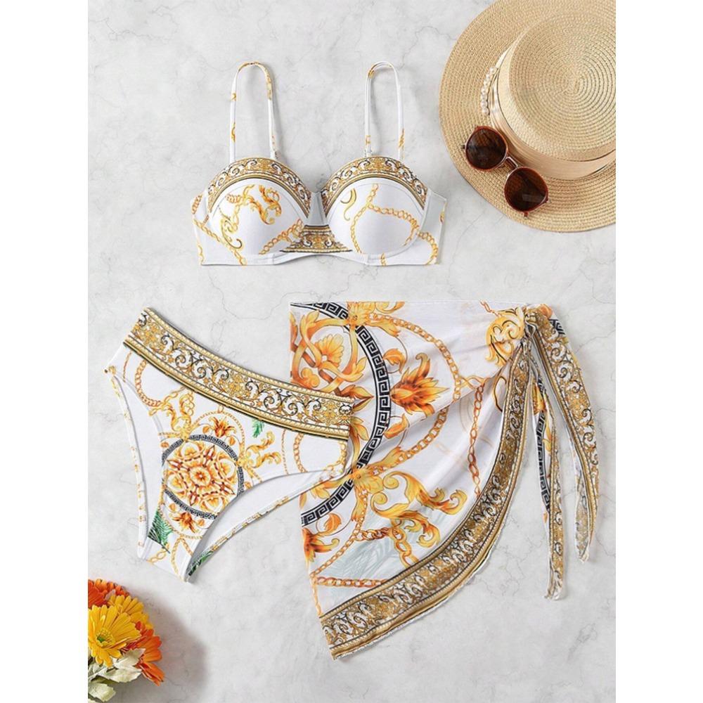 Европейский и американский новый цельный купальник с принтом на спине, женский бикини из трех частей