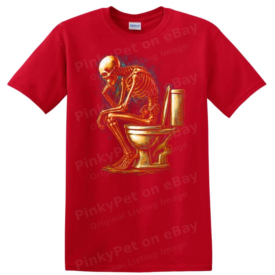 Skeleton Sitting on Toilet Funny Graphic T Shirt Humor Tee Design
