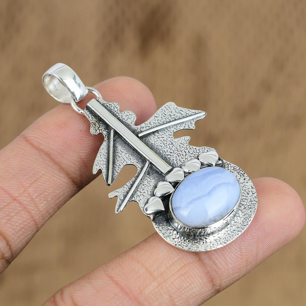 Свадебный подарок для нее Подвеска из серебра 925 пробы с натуральным камнем голубой кружевной агат