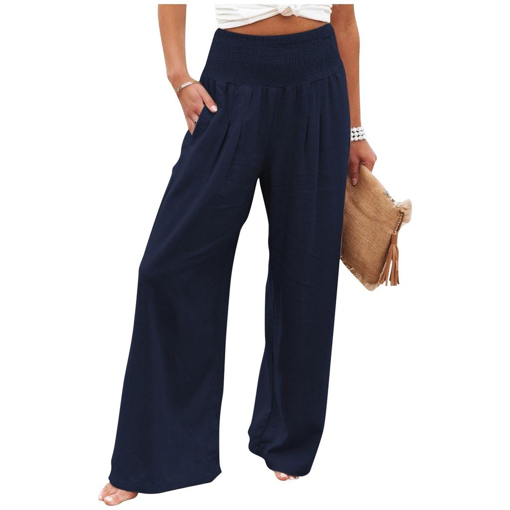 Women's Casual Loose High Waist Cotton Linen Wide Leg Long Pants With Pockets