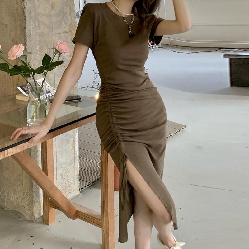 Женское платье из чистого хлопка высокого качества 240 г, летний разрез на шнурке, маленькая сексуальная облегающая длинная юбка выше колена с короткими рукавами