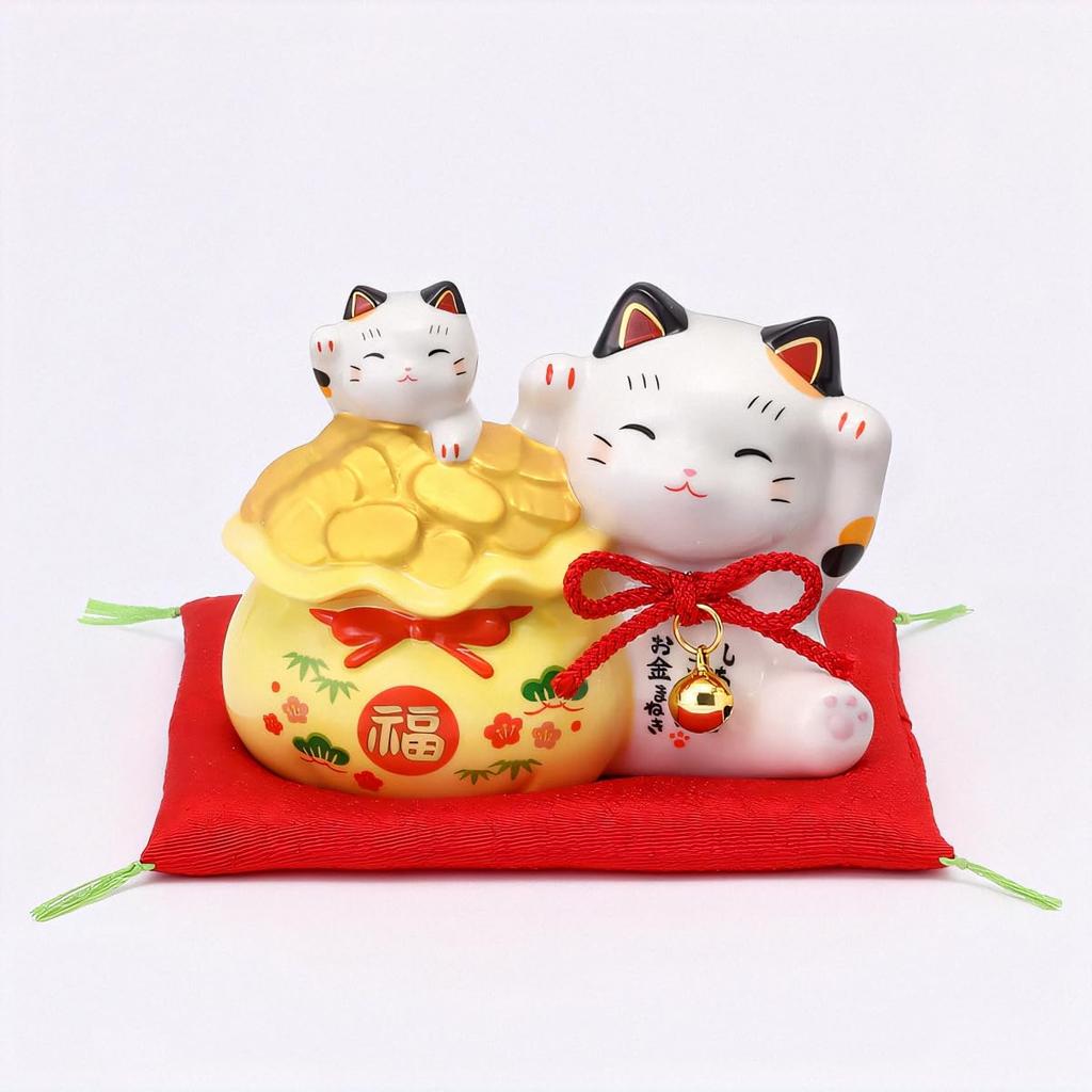 Yakushi Kiln Parent and Harmony Good Luck Maneki-neko (Treasure Bag, Child) (with Sticker)