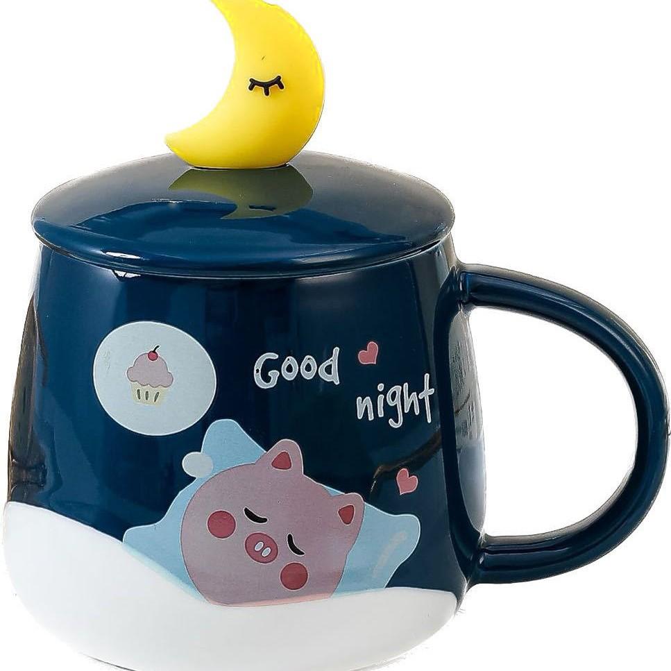 Керамическая чашка для воды Милый мультяшный узор с крышкой с лунной ложкой Офисная стеклянная кофейная чашка Высокая термостойкость Бытовое использование