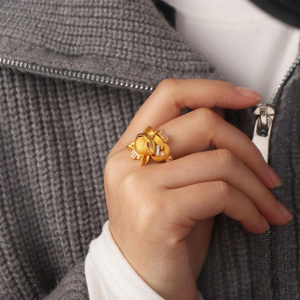 Golden Rhinestone Opening Ring Textured Animal Ring Creative Vintage Metal Ring Daily