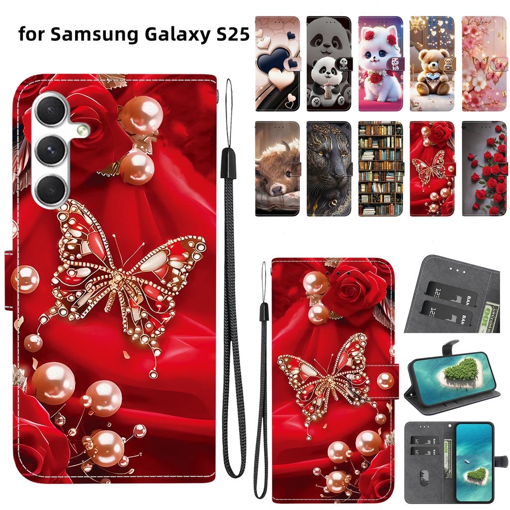 Чехол-книжка из искусственной кожи ручной работы для Samsung Galaxy S25 (SM-S931B)- Противоскользящий ударопрочный чехол с ремешком на запястье и дизайнами в виде сердец/роз и кошек