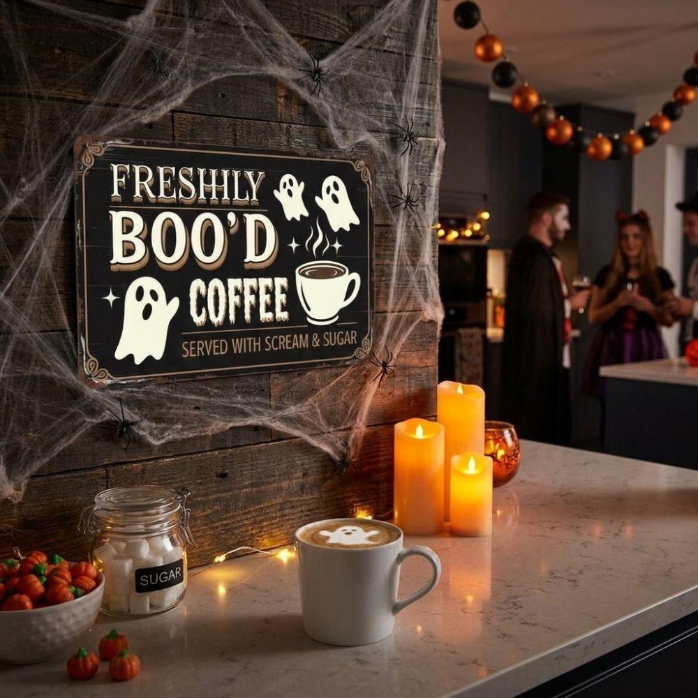 Funny Coffee Bar Wall Art Sign 2D Flat Ghost Themed Hanging Plaque Cafe Retro Coffee Sign Entryway