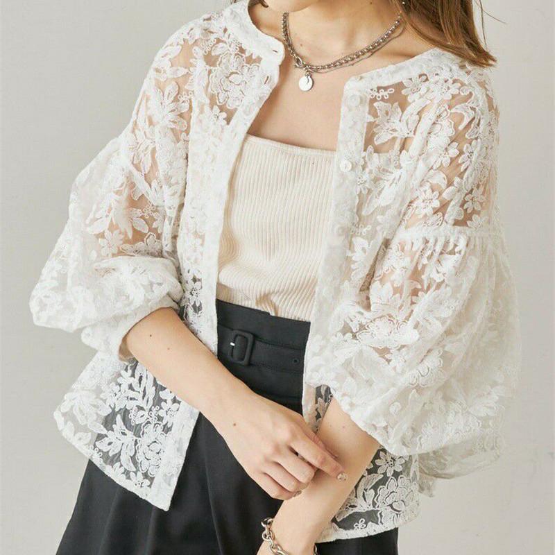 Tooxika Hot Sale Long-sleeved Tops Lantern Sleeves Round Neck Lace Cardigan Women's Shirt