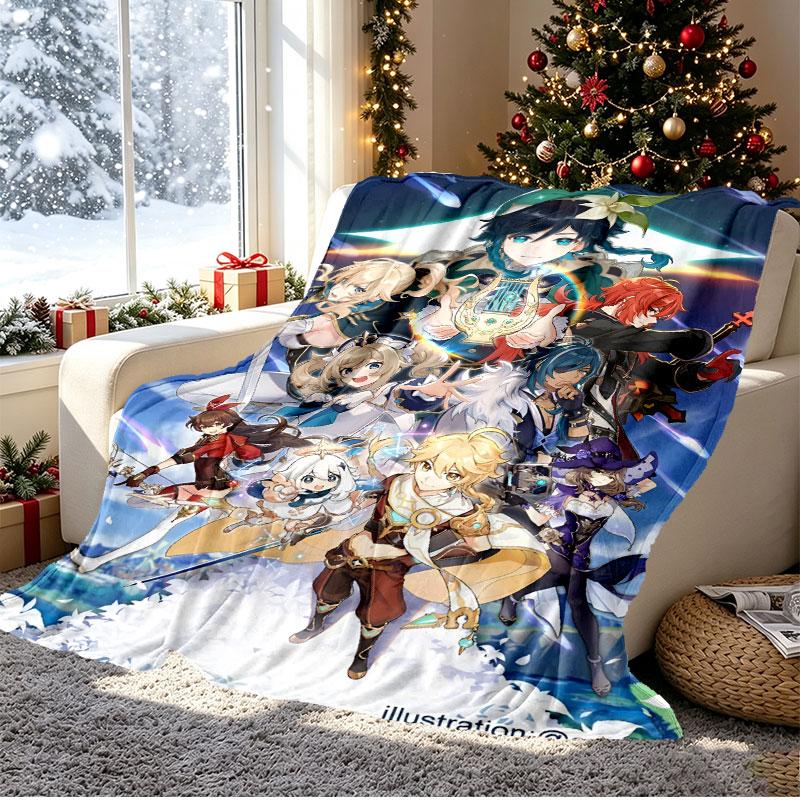 Genshin Impact Pattern Blanket for Home Decoration, Bed, Sofa, Car Travel, Camping, Suitable for All Seasons, Birthday Christmas Gift