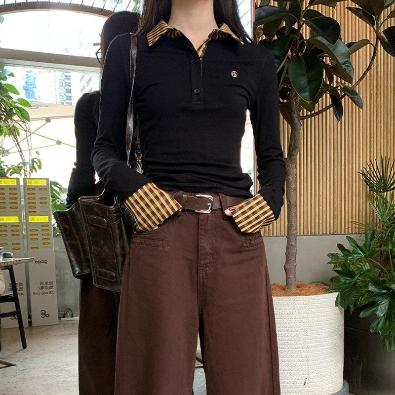 Весна Осень Клетчатый Пэчворк Имитация Двойки Женская Футболка с Длинным Рукавом Водолазка Все-сочетаемая Пуловер Футболка Топ