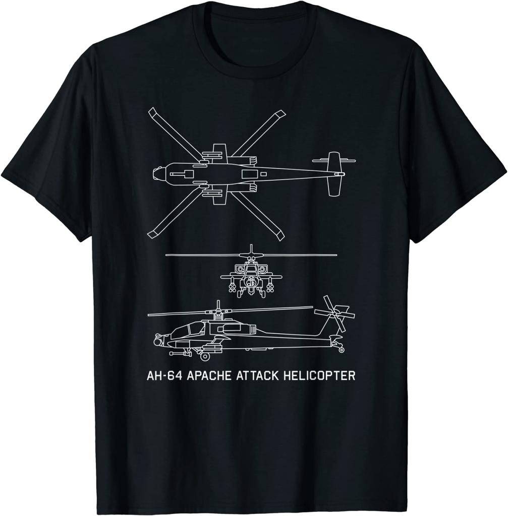 AH64 Apache Боевой Вертолет Военный Чертеж Унисекс Футболка с Коротким Рукавом Повседневная Хлопковая С Круглым Вырезом Летняя Футболка
