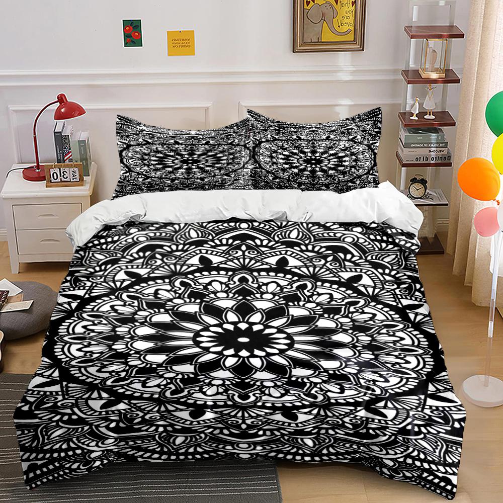 Mandala Flower Black and White Bedding Set Bedding set (1 duvet cover, 2 pillowcases, duvet not included)