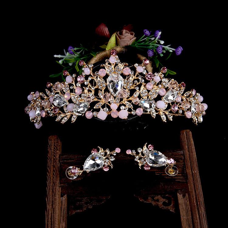 Свадебная тиара золотая корона аксессуары для свадебного платья серьги набор аксессуаров для волос розовая хрустальная корона