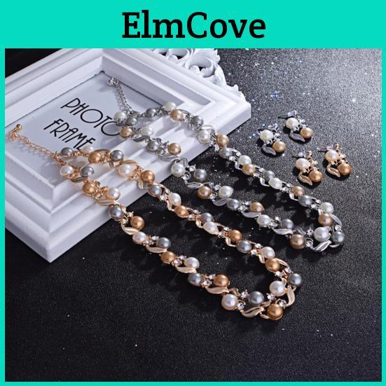 Rhinestone Women Elegant Pearl Faux Necklace Ear Stud Earrings Party Jewelry Set