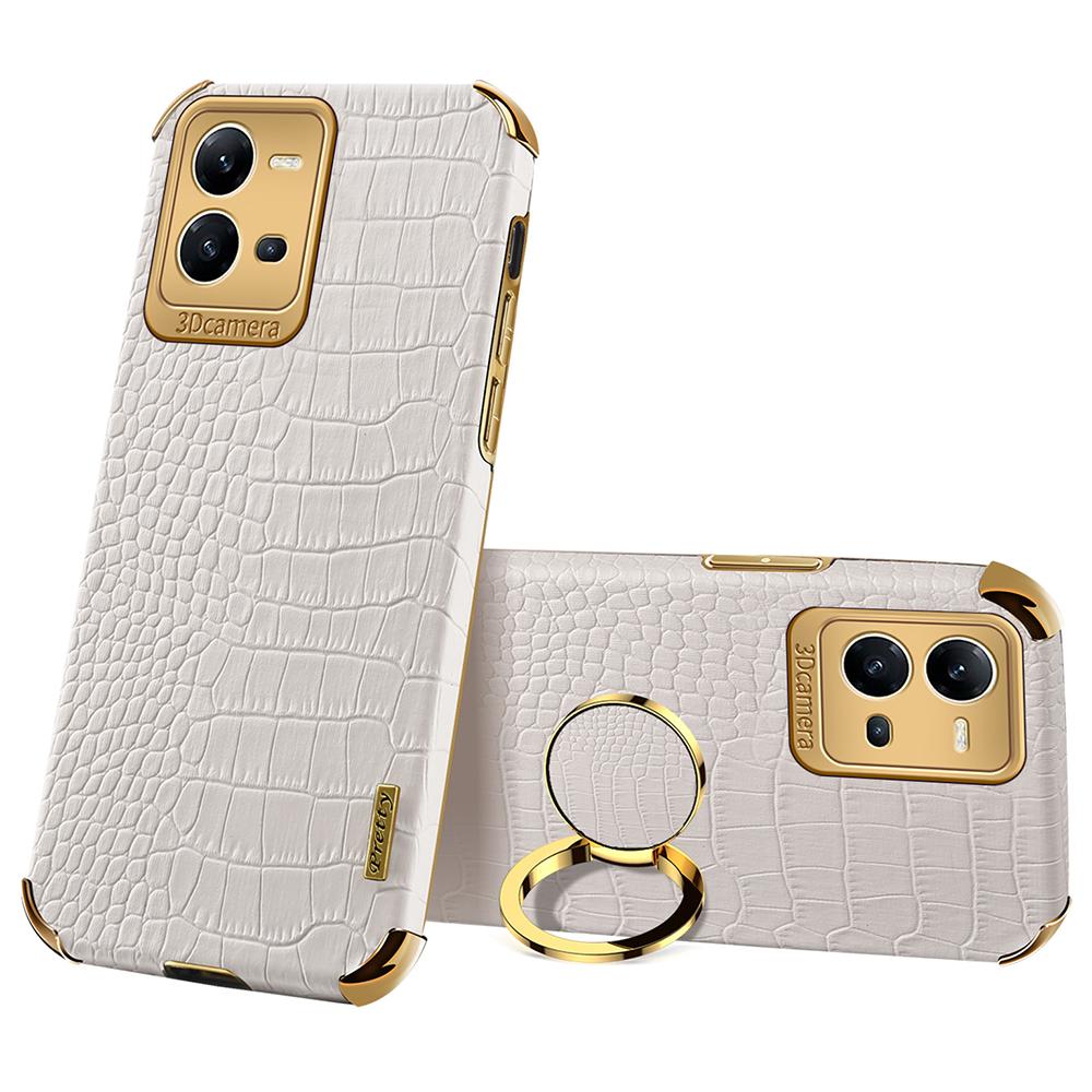 Для vivo V25 5G Чехол с текстурой крокодила, гальваническое покрытие, кольцо-подставка, ТПУ чехол для телефона с покрытием из ПУ кожи