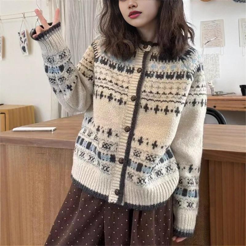 Женское ретро пальто-свитер в стиле Fair Isle - Осенне-зимний мягкий жаккардовый вязаный кардиган свободного кроя