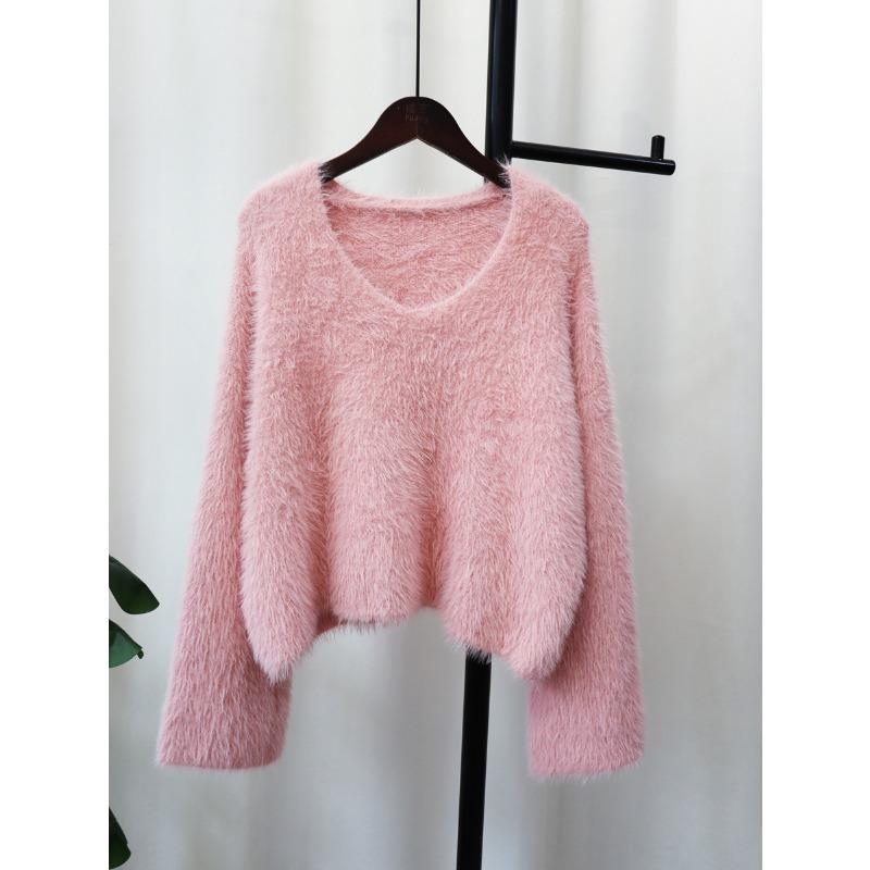 Imitation Mink Fleece Sweater Pullover Women's Autumn and Winter New Gentle Wind Soft Waxy Loose Short Knitted Sweater Top