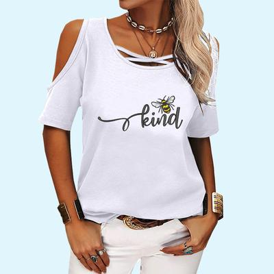 Женская повседневная футболка с круглым воротником, летняя и осенняя модная футболка с коротким рукавом и принтом, женская футболка с открытыми плечами