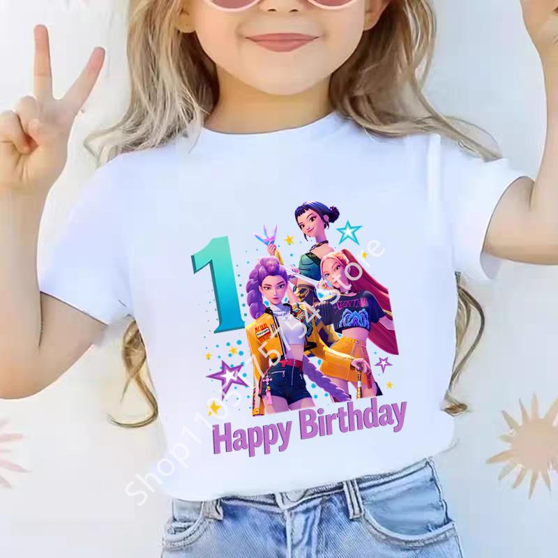 New Children's K-POP Demon Hunter Cartoon Birthday Number Print T-Shirt Girls' Short Sleeve Top