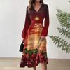 Women's Autumn And Winter Casual Fashion V-neck Long Sleeve Christmas Print Long Dress