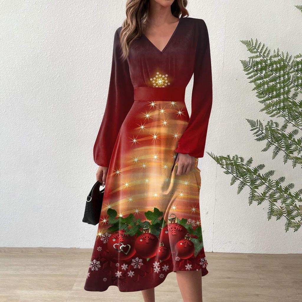 Women's Autumn And Winter Casual Fashion V-neck Long Sleeve Christmas Print Long Dress
