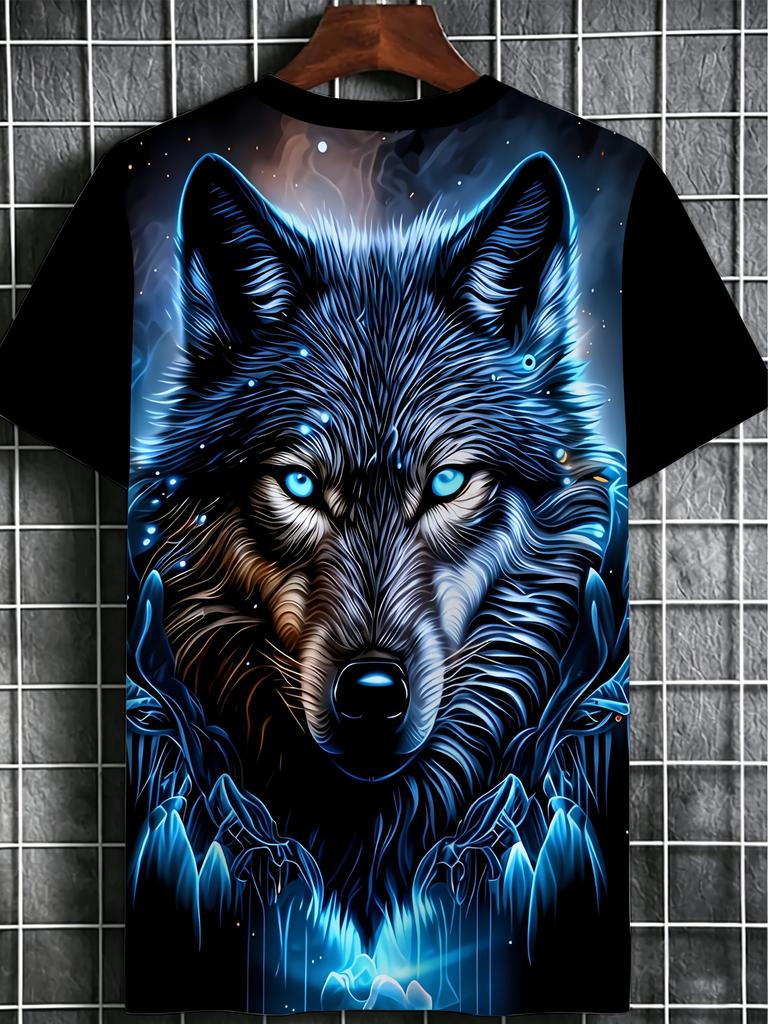 Men's Digital Print T-Shirt, Summer Outdoor Men's Apparel, Wolf Graphic Tee, Suitable for Holiday Gatherings, Party BBQs, Regular Sports & Fitness,