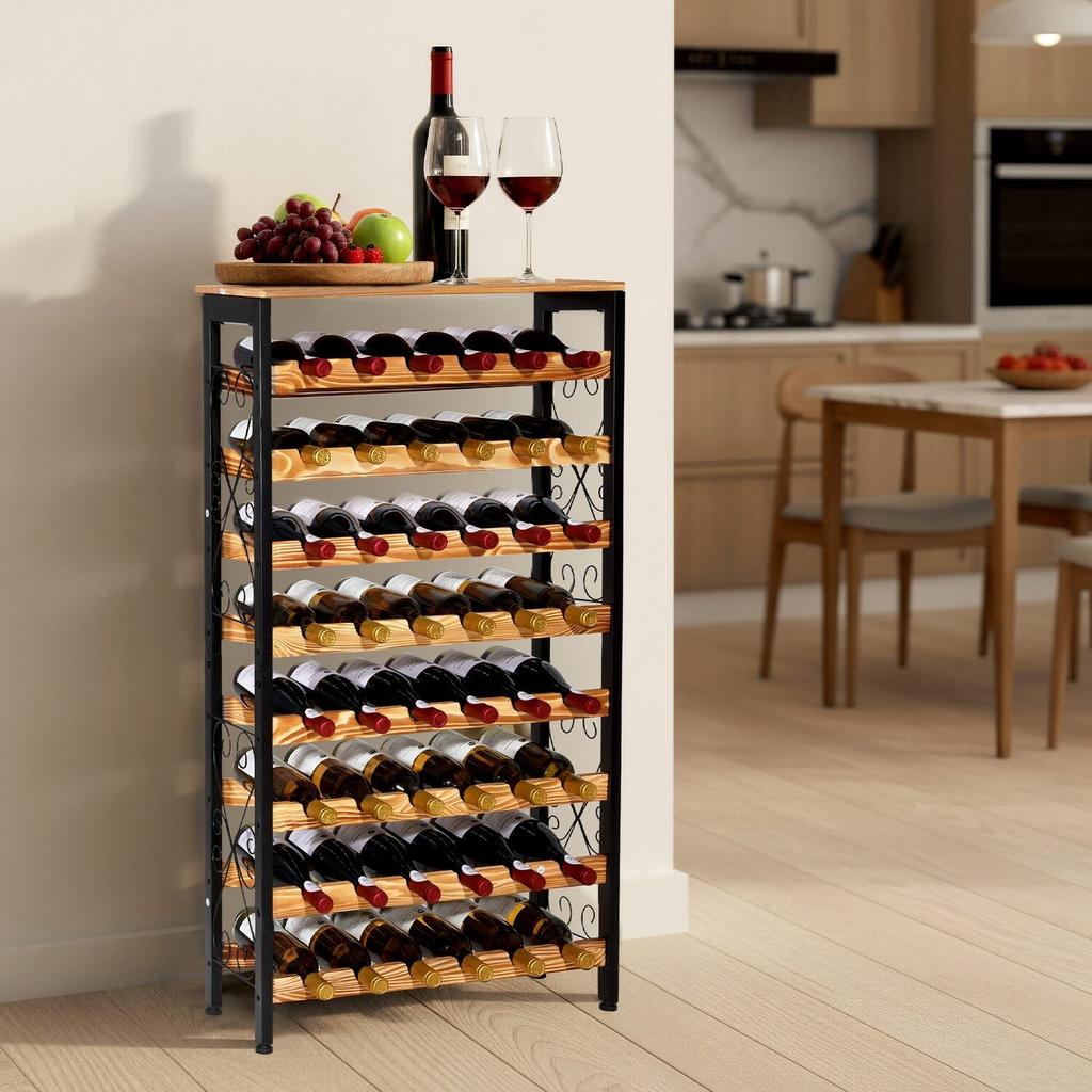 48 Bottle Wine Rack,8-Tier Iron Wine Bottle Holder With Wood Table Top,Freestanding Floor Display Wine Storage Shelves,For Kitchen Pantry, Cellar,