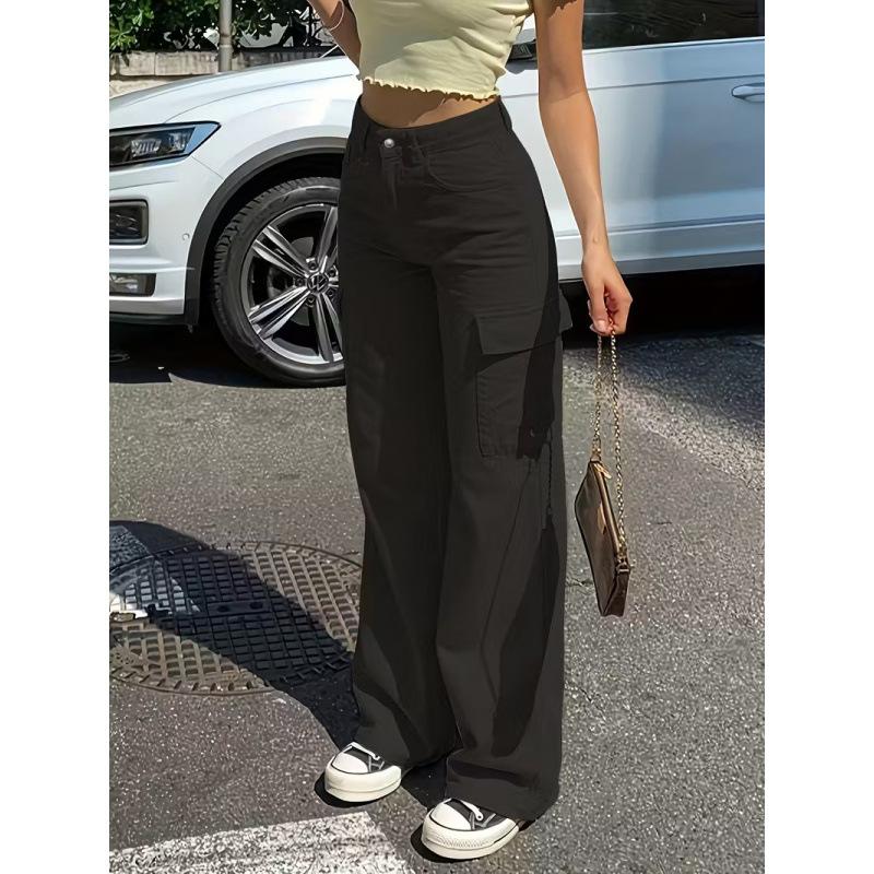 Весенняя мода Прямые джинсы Повседневные С высокой талией Инс Уличные Карманы Рабочая одежда Свободные брюки
