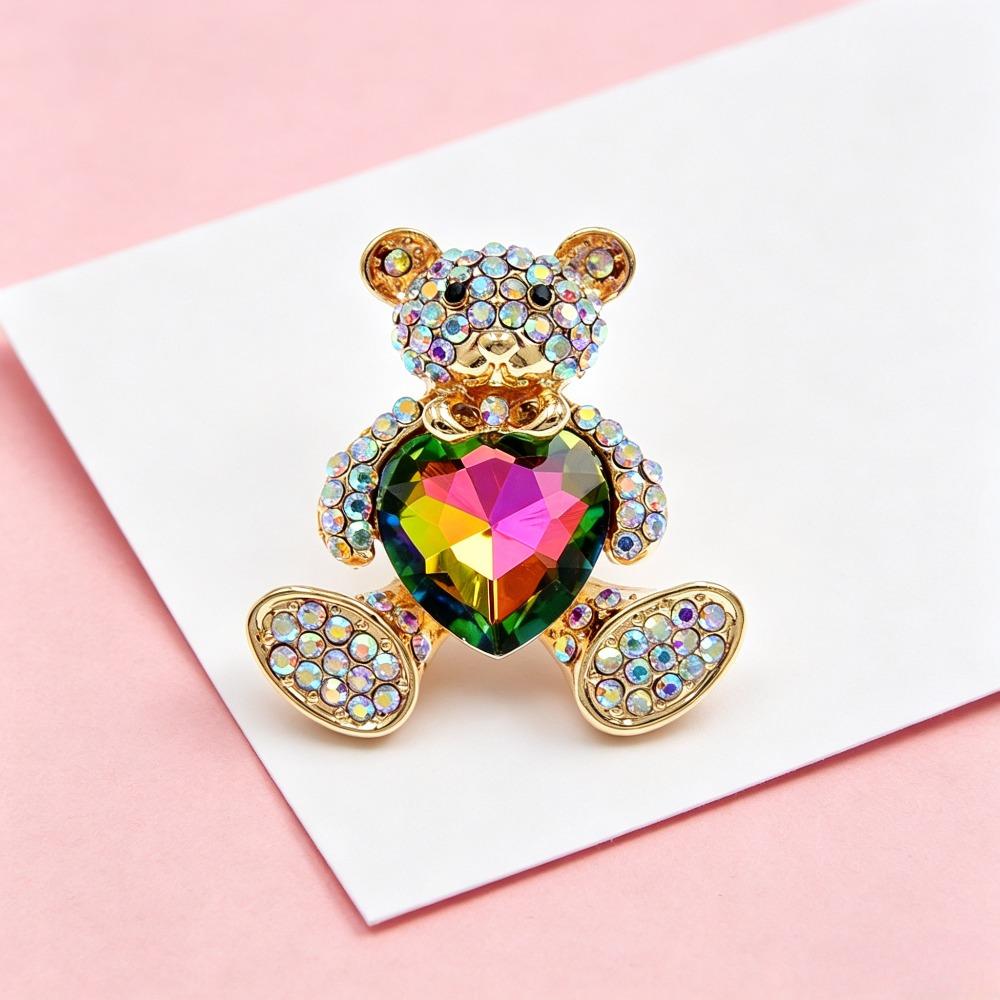Zinc Alloy Bear Brooch with Colorful Rhinestone Heart, Fashion Lapel Pin for Clothing Decoration