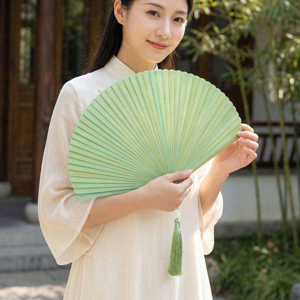 Retro Bamboo Folding Fan Solid Color with Tassels Folding Hand Fan Portable Decorative Fan Handheld Fan Cultural Activities