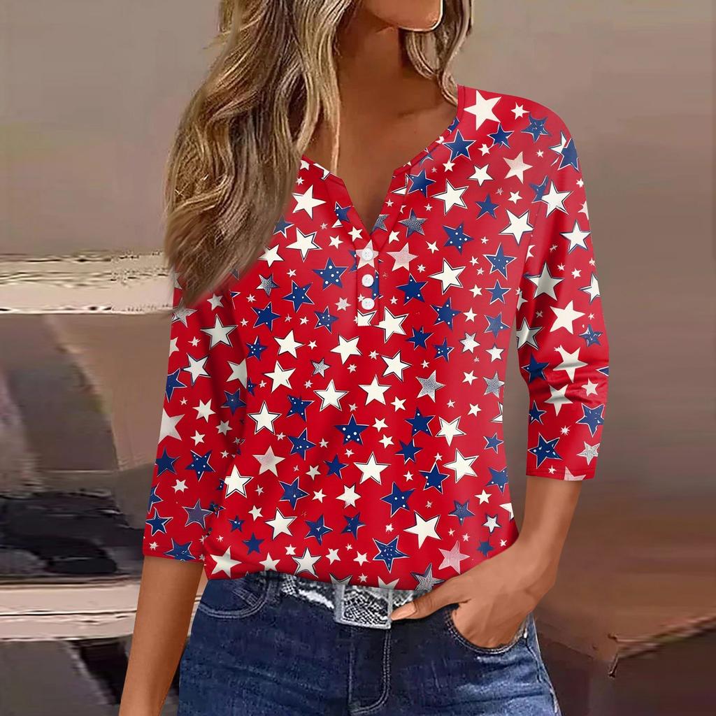 Жен. Футболка С принтом Пуговицы Рукав 3/4 Повседневные Выходные Мода Классический Классический V-образный вырез Обычный Верх